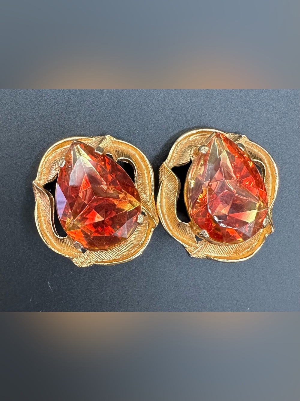 Vintage Elizabeth Morrey Gold-Tone Earrings with Orange pink Teardrop Crystals